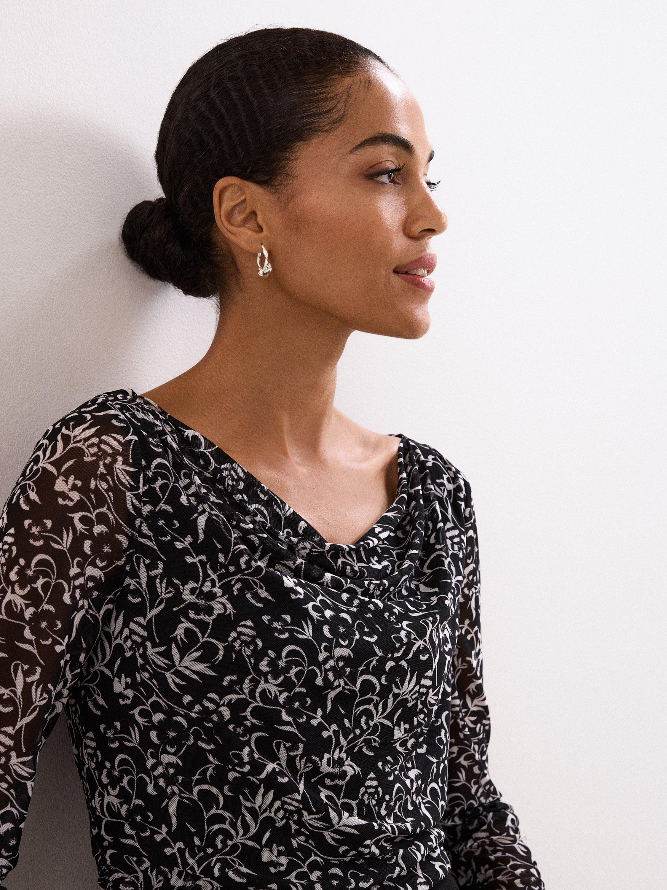 Product image 7 of 8, which shows Phase Eight Tammy Long Sleeve Cowl Neck Blouse, Black/Ivory, 8