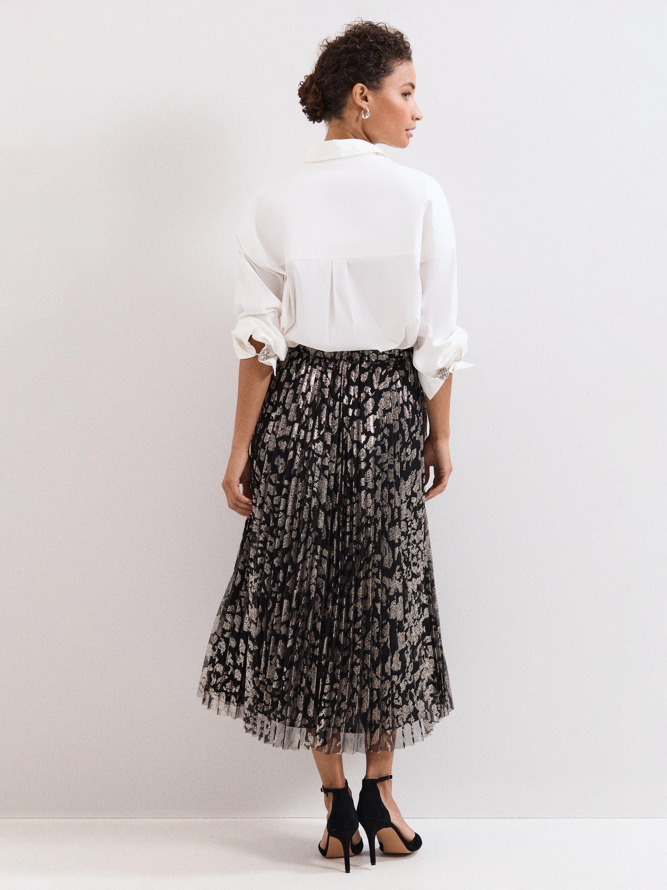 Product image 2 of 8, which shows Phase Eight Petite Edie Abstract Midi Skirt, Black, 8