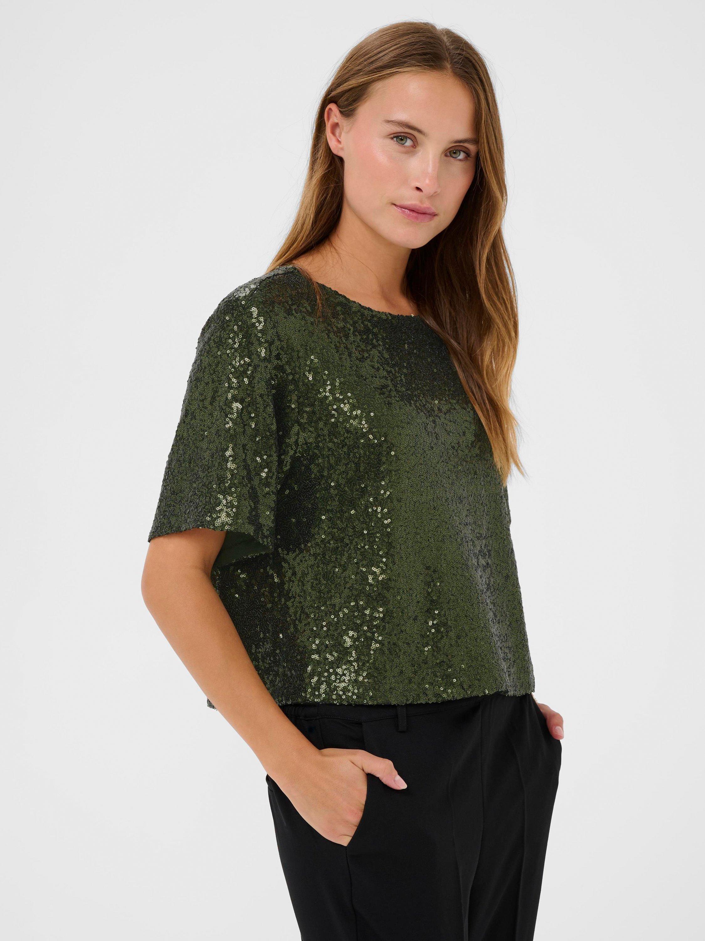 Product image 1 of 5, which shows KAFFE Miranda Sequin Top, Ivy Green, XS