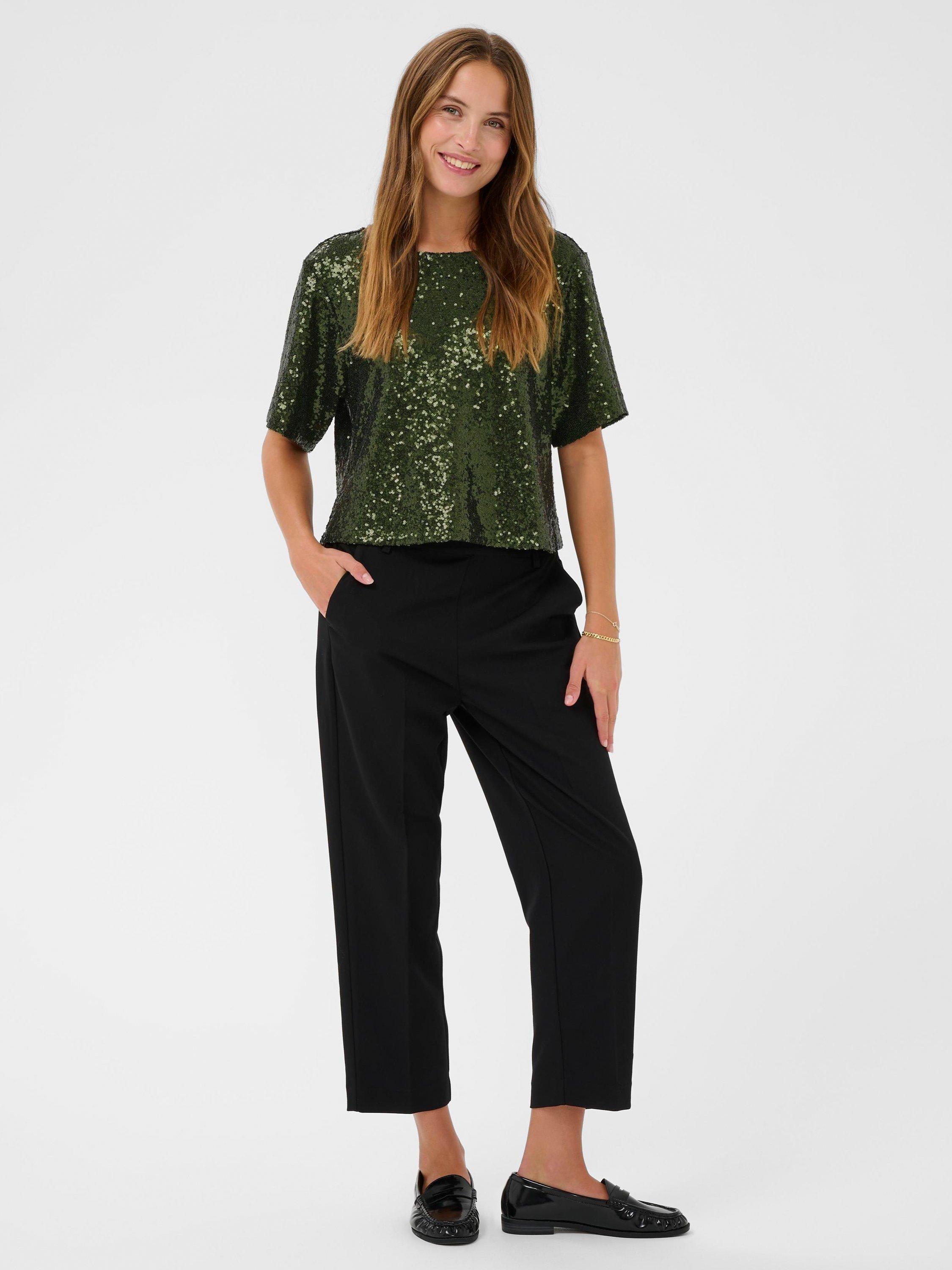 Product image 2 of 5, which shows KAFFE Miranda Sequin Top, Ivy Green, XS