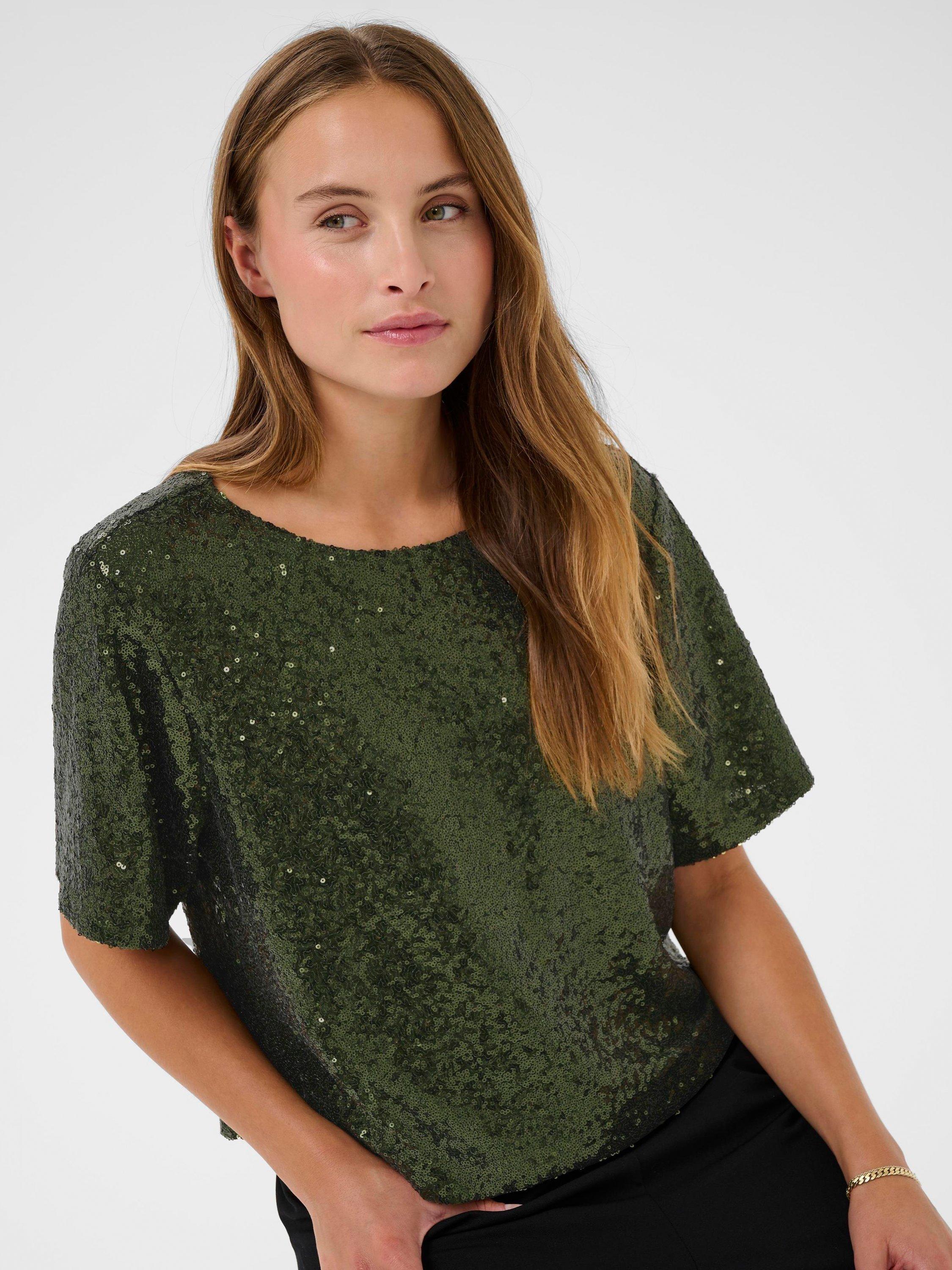 Product image 3 of 5, which shows KAFFE Miranda Sequin Top, Ivy Green, XS