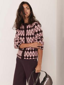 Mint Velvet Argyle Knit Cardigan, Red Burgundy - view 2, Red Burgundy