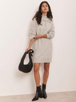 Mint Velvet Bow Detail Jumper Dress, Grey - view 2, Grey