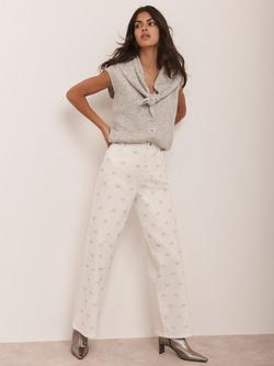 Mint Velvet Diamante Bow Wide Leg Jeans, White - view 2, White