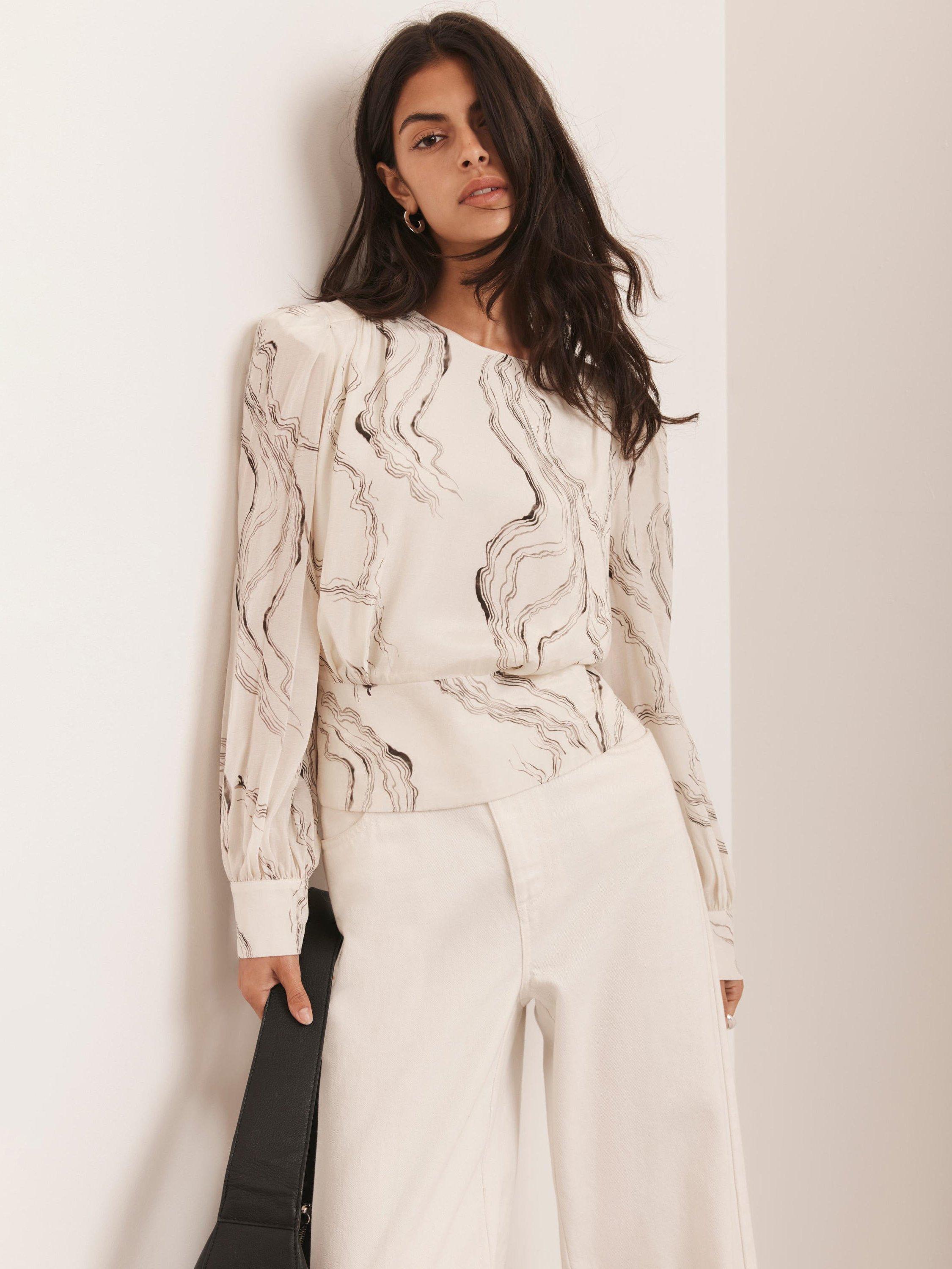 Product image 1 of 8, which shows Mint Velvet Marble Print Blouse, Natural Cream, S