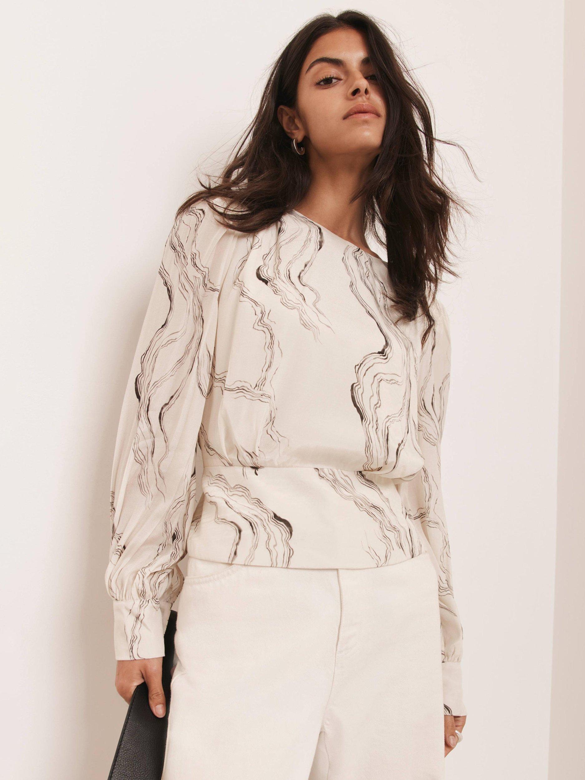 Product image 4 of 8, which shows Mint Velvet Marble Print Blouse, Natural Cream, S