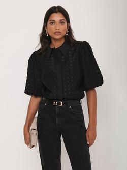 Mint Velvet Puff Sleeve Petal Detail Shirt, Black, Black