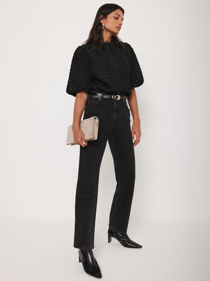 Mint Velvet Puff Sleeve Petal Detail Shirt, Black - view 2, Black