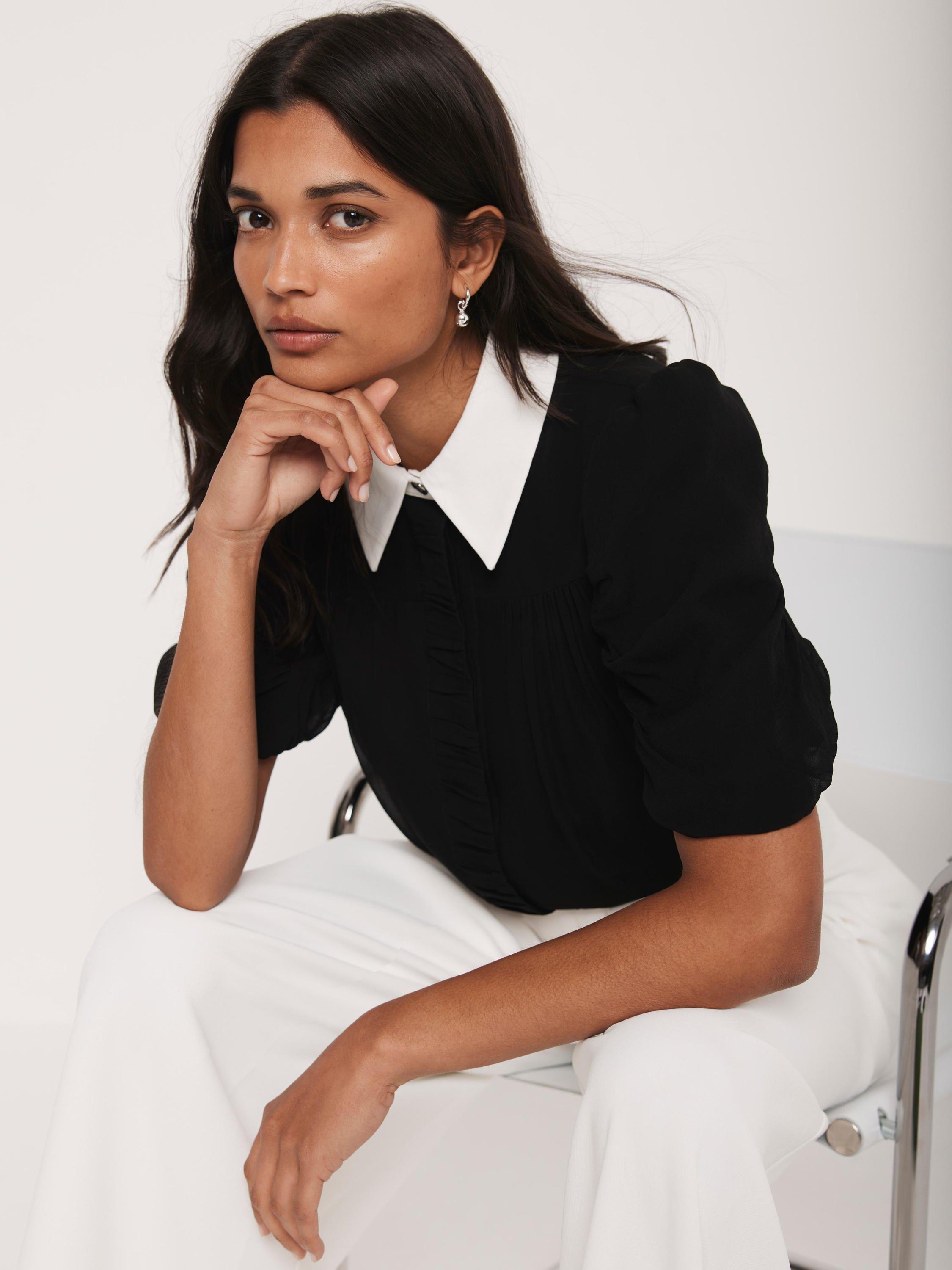 Product image 2 of 8, which shows Mint Velvet Contrast Collar Shirt, Black, 10