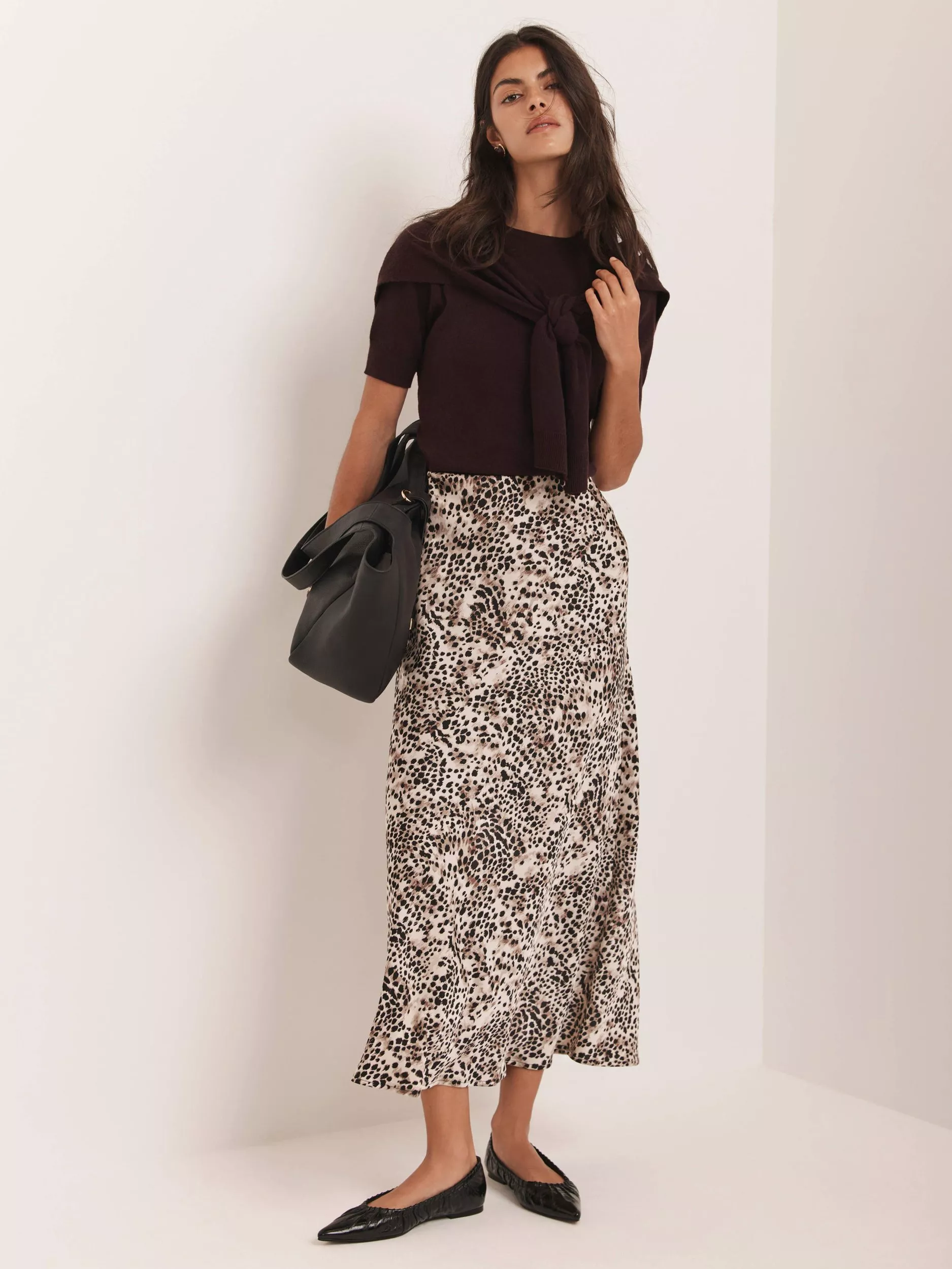 Mint Velvet Leopard Print Slip Skirt, Natural