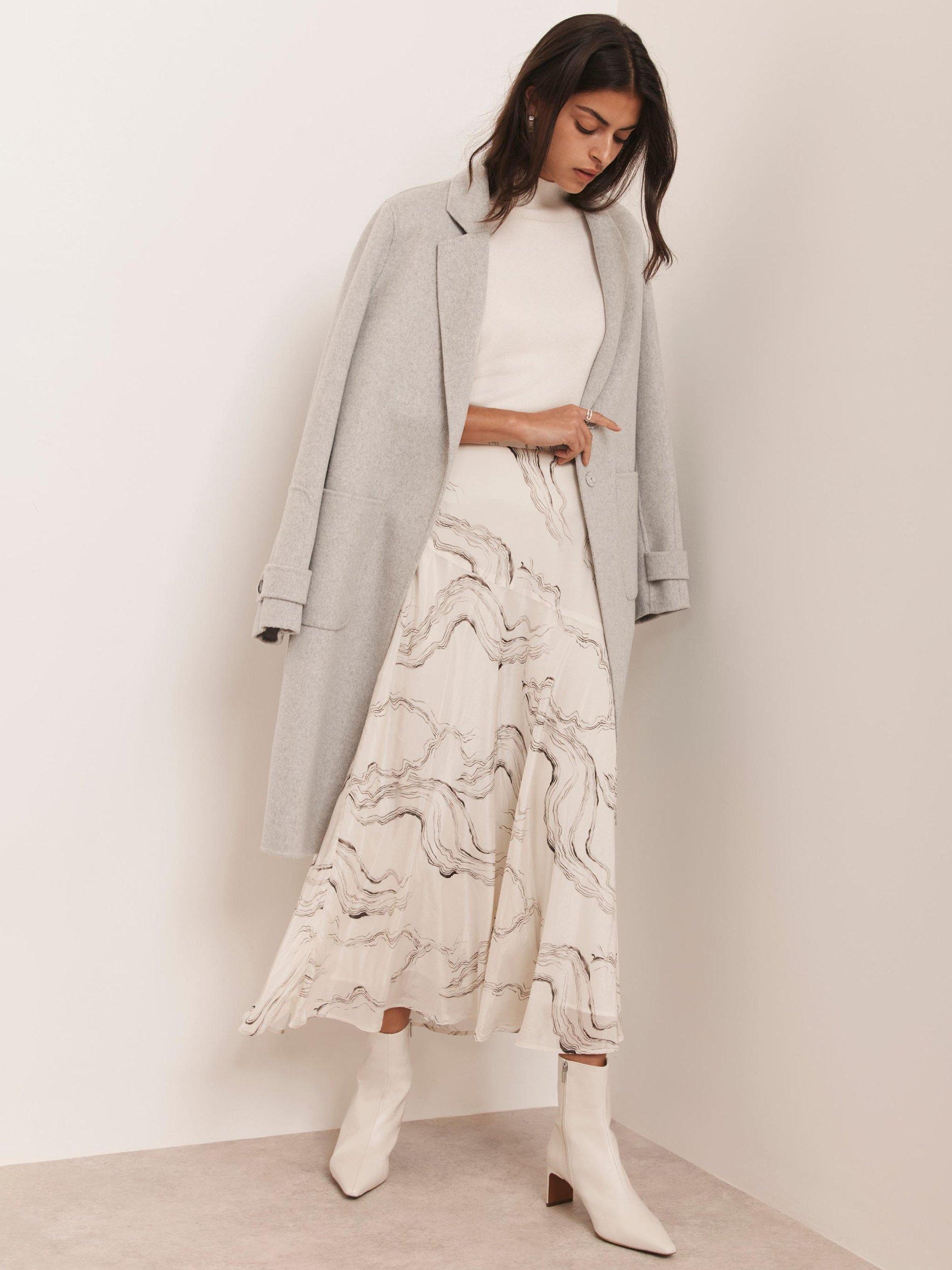 Product image 2 of 8, which shows Mint Velvet Marble Print Midi Skirt, Cream, 16