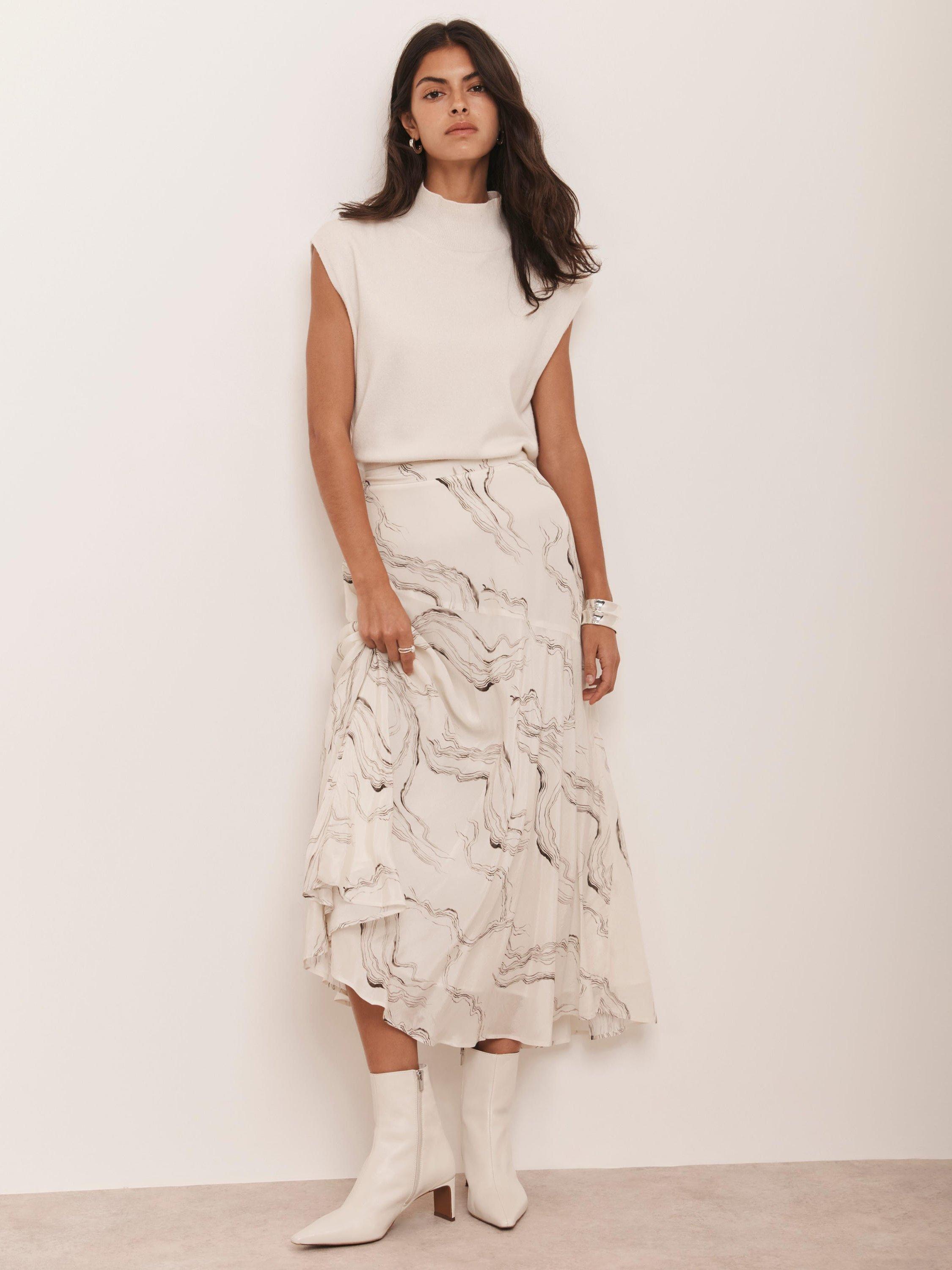 Product image 3 of 8, which shows Mint Velvet Marble Print Midi Skirt, Cream, 16