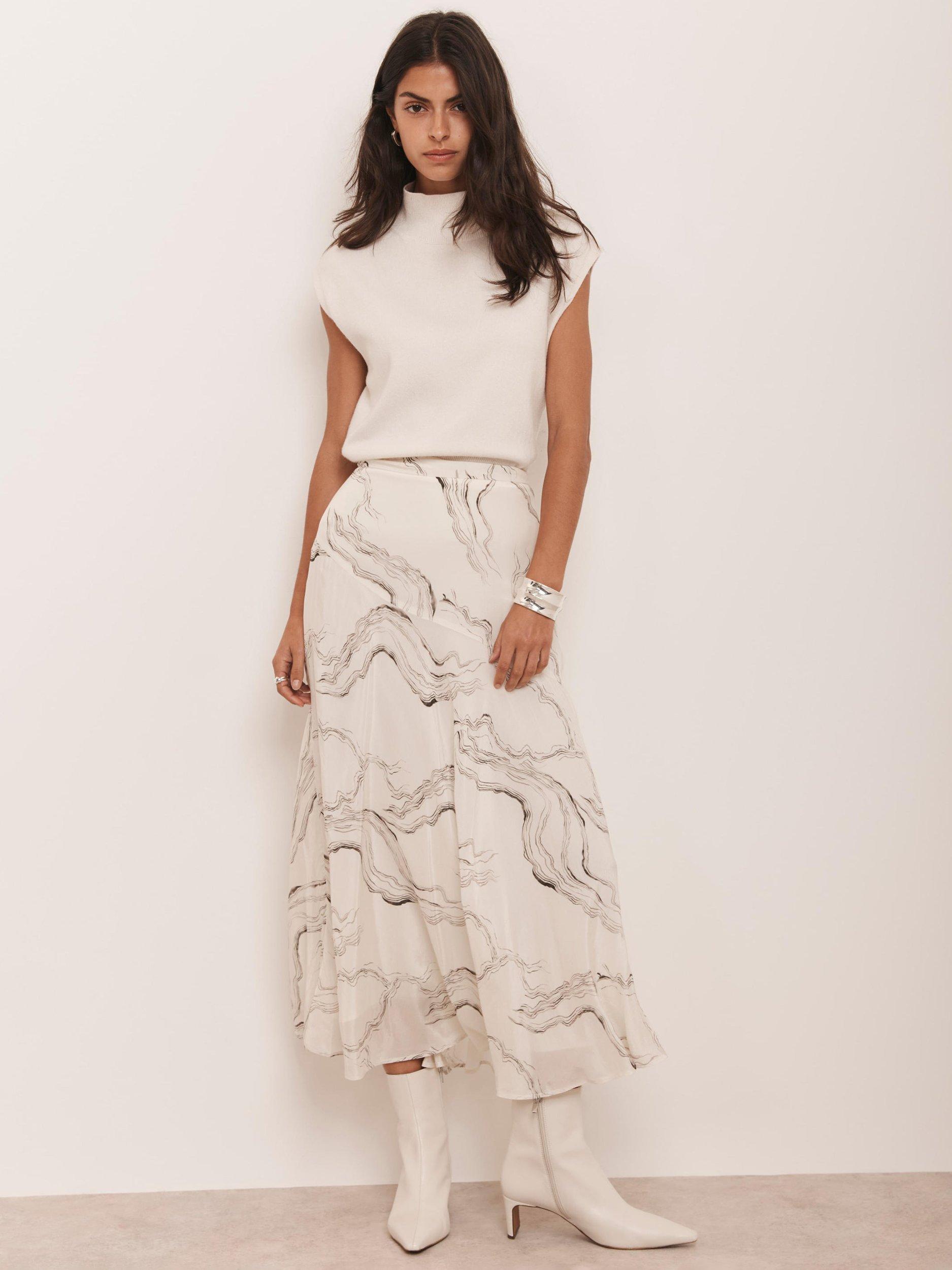 Product image 6 of 8, which shows Mint Velvet Marble Print Midi Skirt, Cream, 16
