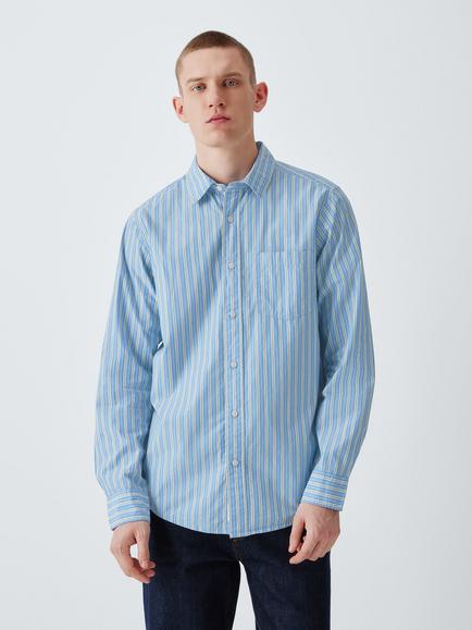 John Lewis Fine Stripe Cotton Shirt, Blue/Yellow, Blue/Yellow