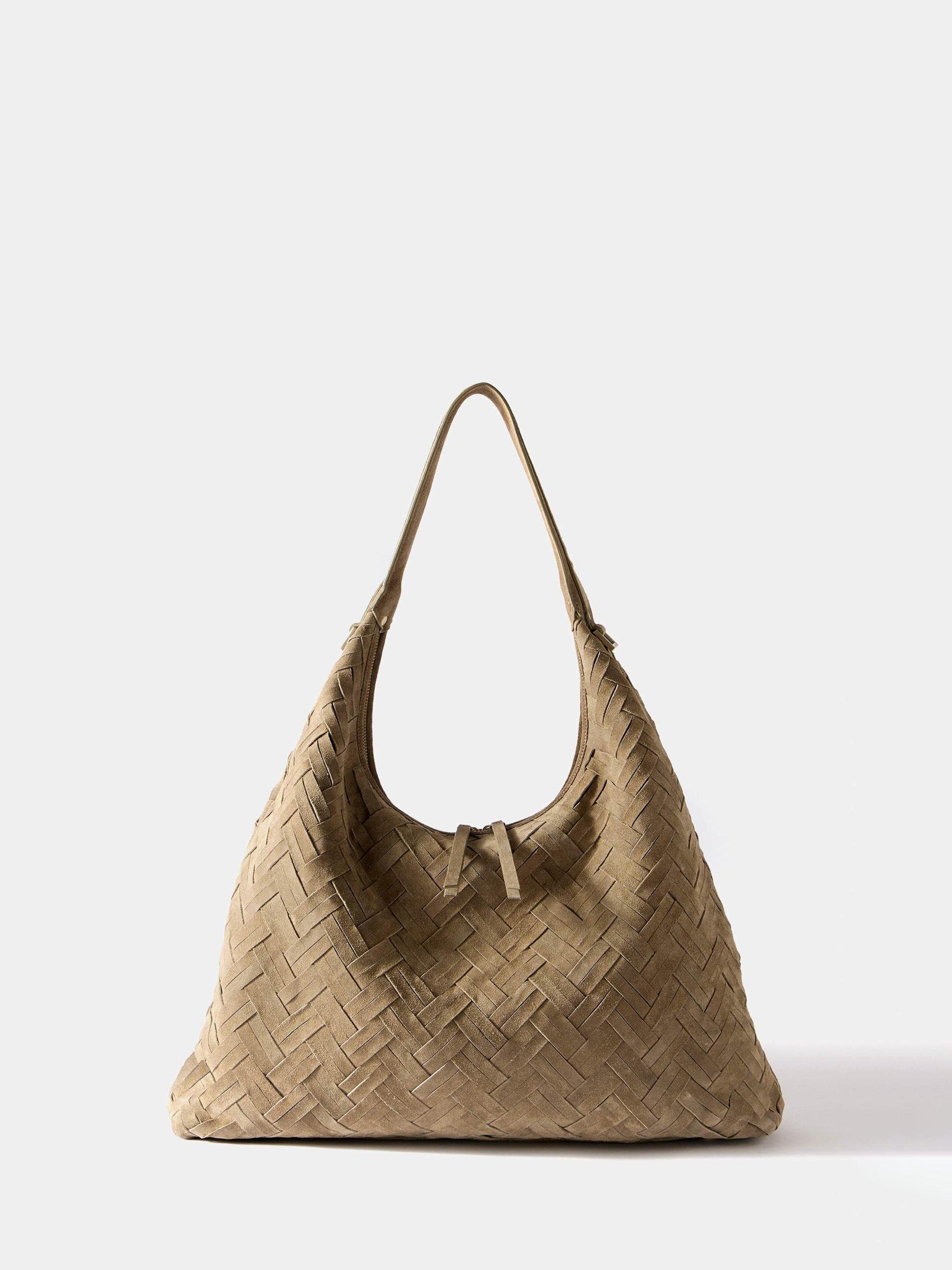 Product image 1 of 3, which shows Mint Velvet May Woven Suede Shoulder Bag, Khaki, One Size