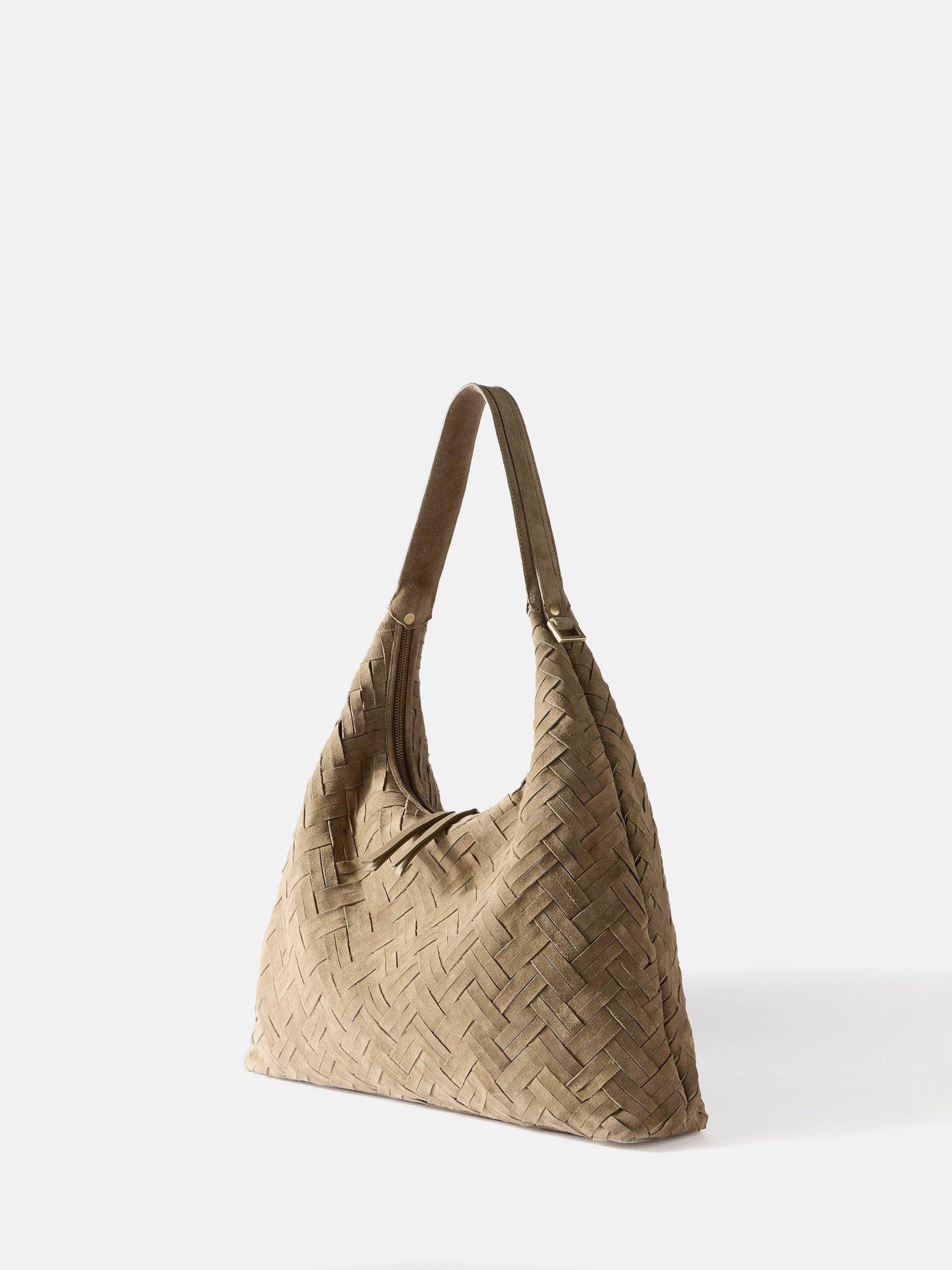 Product image 2 of 3, which shows Mint Velvet May Woven Suede Shoulder Bag, Khaki, One Size