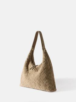 Mint Velvet May Woven Suede Shoulder Bag - view 2, Khaki