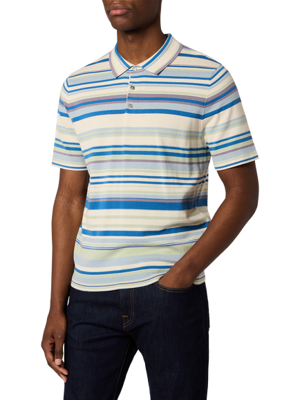 PS Paul Smith Cotton Regular Fit Fine Knit Striped Polo Shirt, Blue/Green, Blue/Green