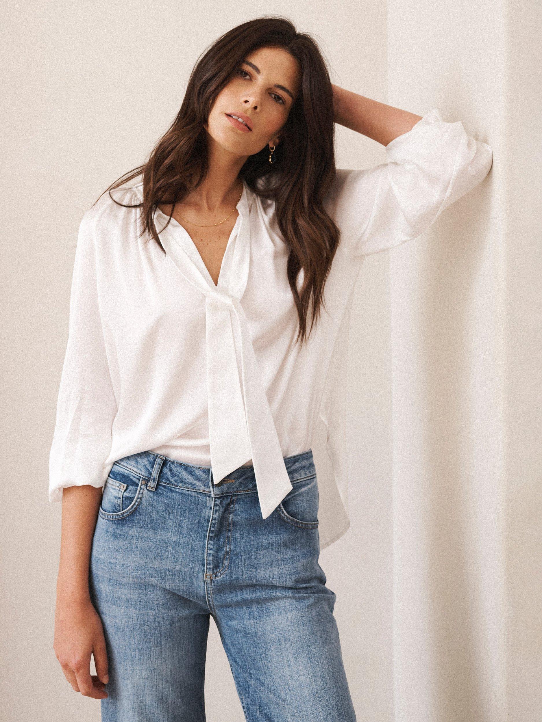 Product image 1 of 9, which shows NRBY Teagan Pure Silk Satin Shirt, Ivory, XS