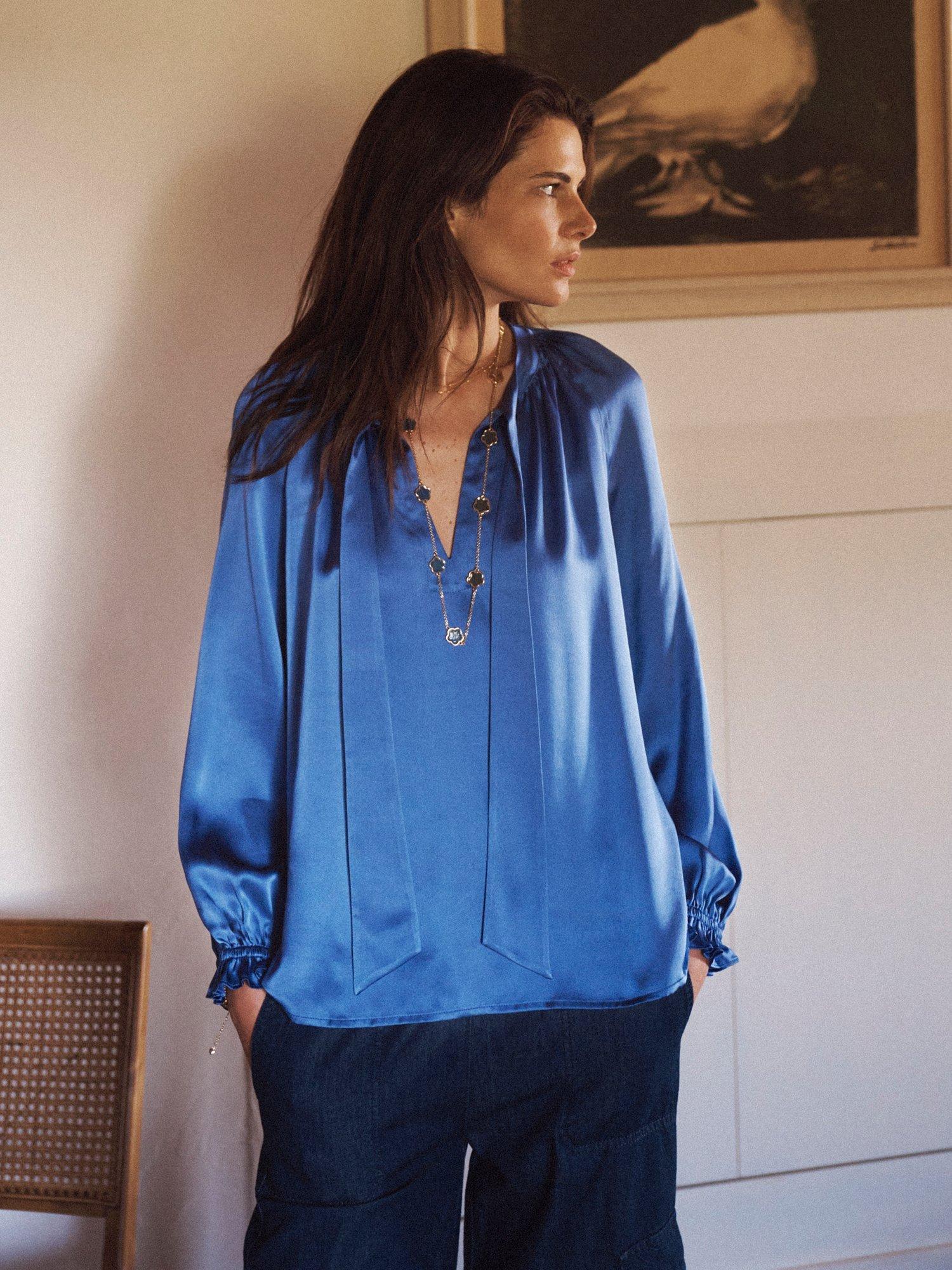 Product image 1 of 8, which shows NRBY Teagan Pure Silk Satin Shirt, Cornflower Blue, XS