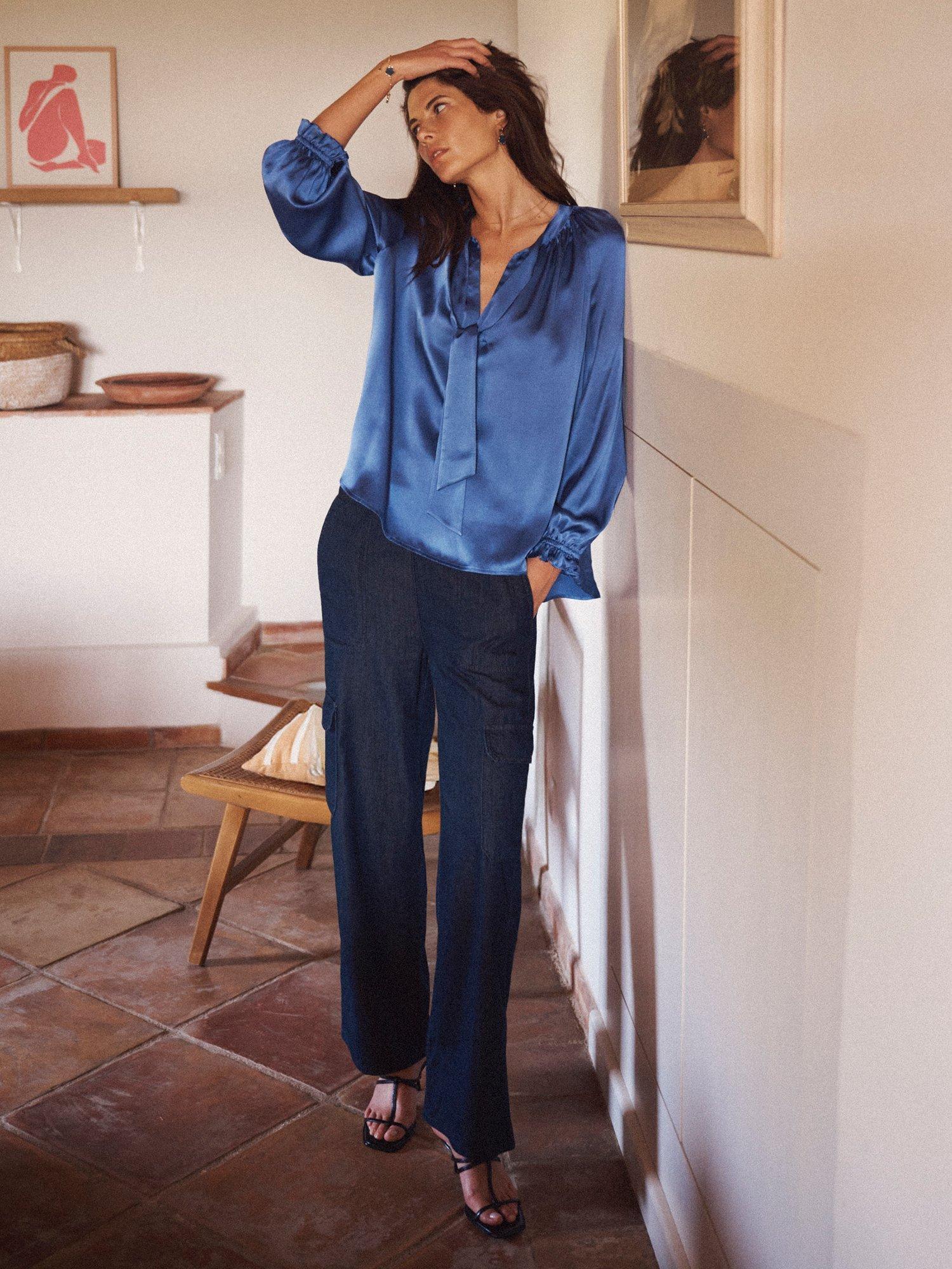 Product image 2 of 8, which shows NRBY Teagan Pure Silk Satin Shirt, Cornflower Blue, XS