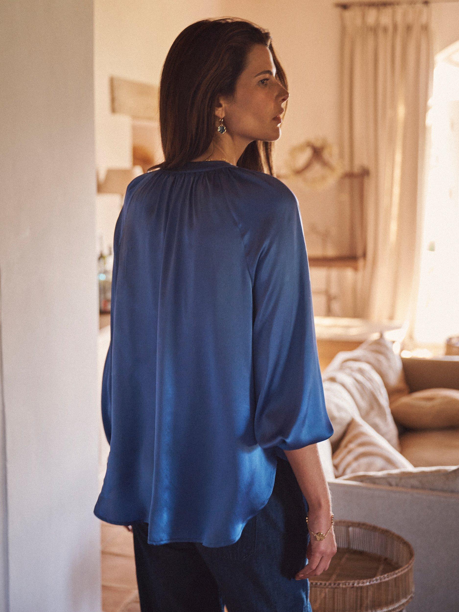 Product image 4 of 8, which shows NRBY Teagan Pure Silk Satin Shirt, Cornflower Blue, XS