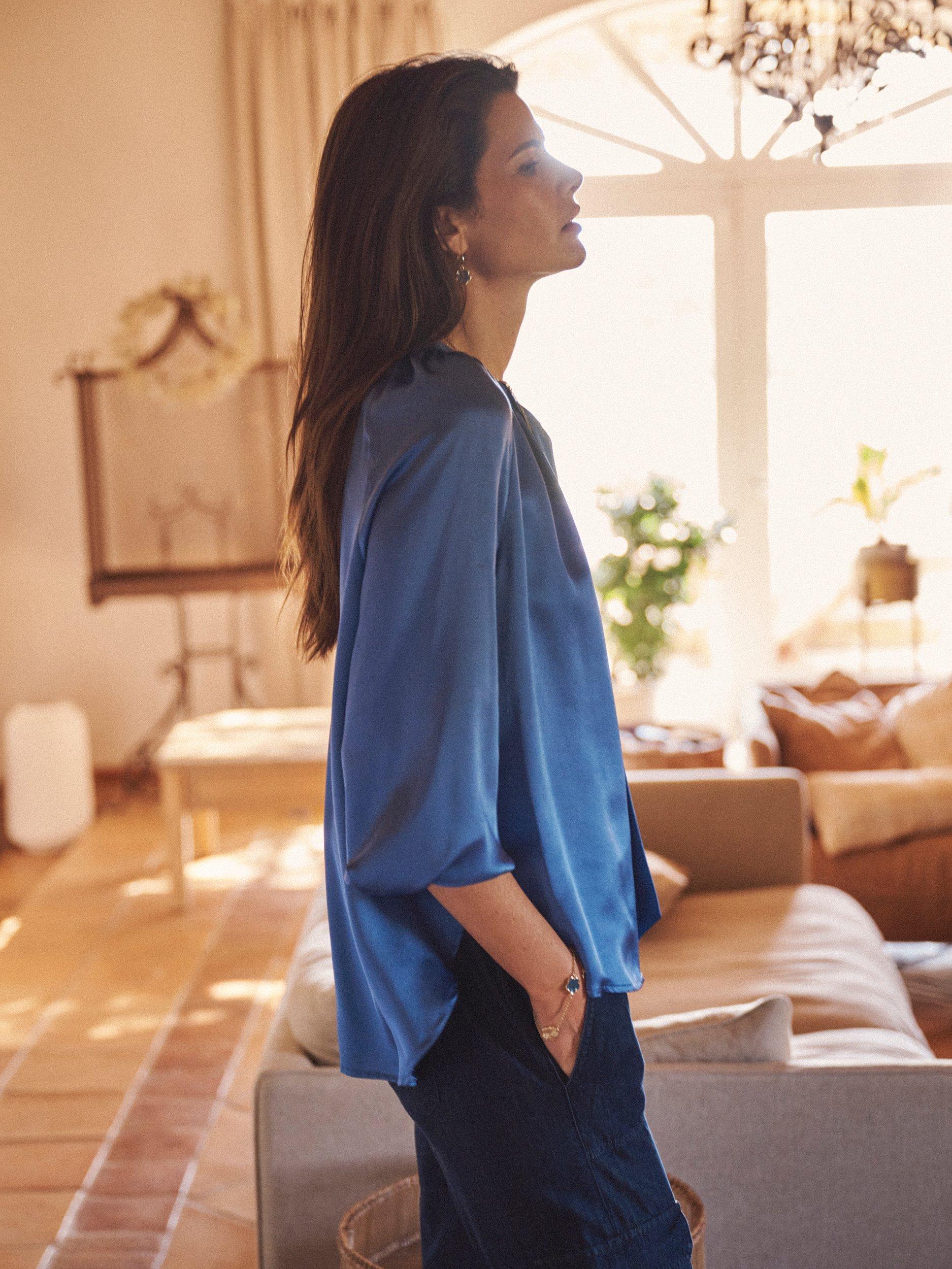 Product image 5 of 8, which shows NRBY Teagan Pure Silk Satin Shirt, Cornflower Blue, XS