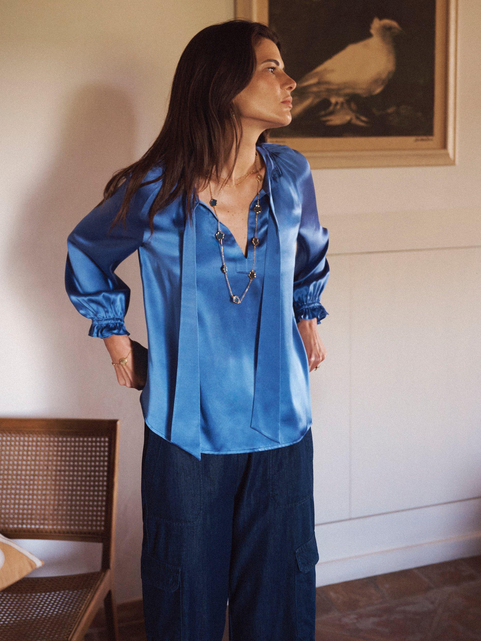 Product image 6 of 8, which shows NRBY Teagan Pure Silk Satin Shirt, Cornflower Blue, XS