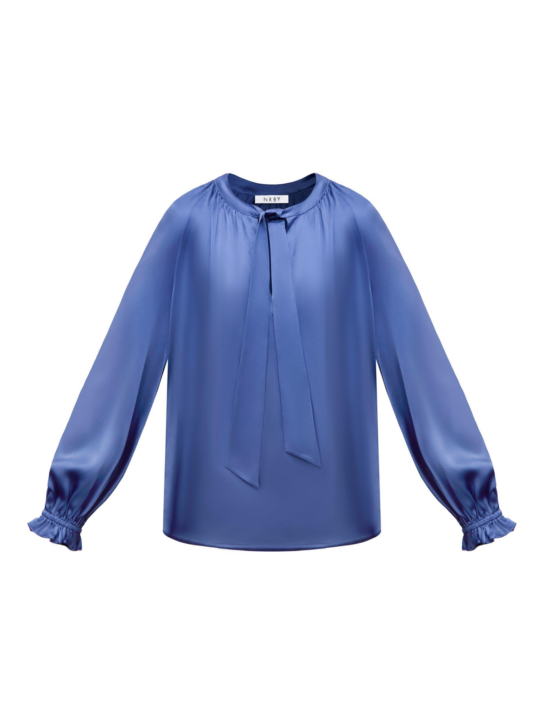 Product image 7 of 8, which shows NRBY Teagan Pure Silk Satin Shirt, Cornflower Blue, XS
