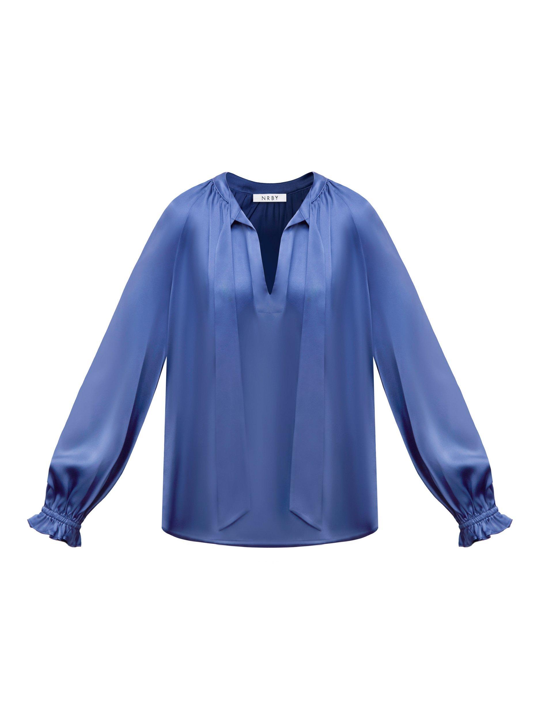 Product image 8 of 8, which shows NRBY Teagan Pure Silk Satin Shirt, Cornflower Blue, XS