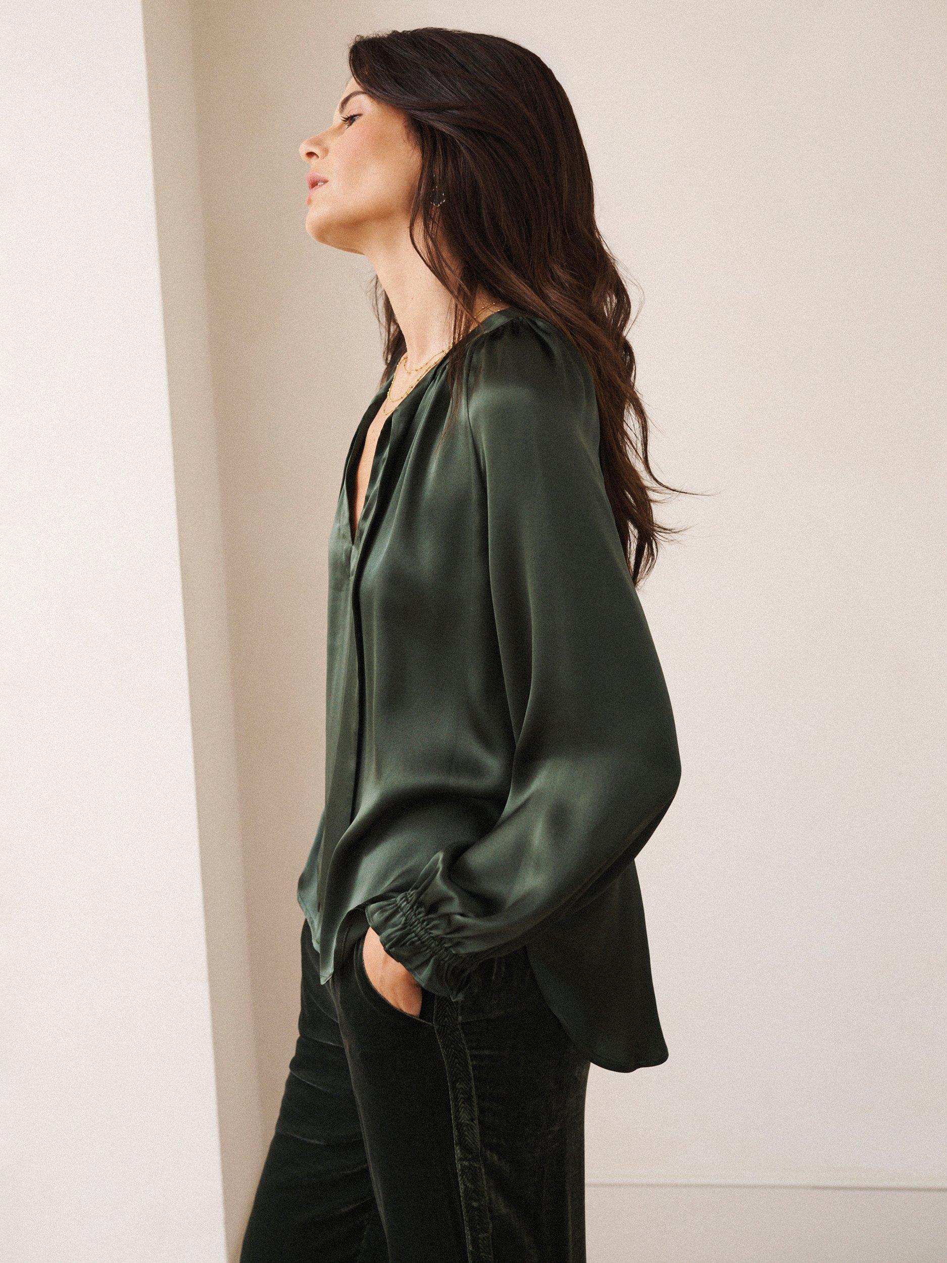 Product image 4 of 9, which shows NRBY Teagan Pure Silk Satin Shirt, Khaki, XS