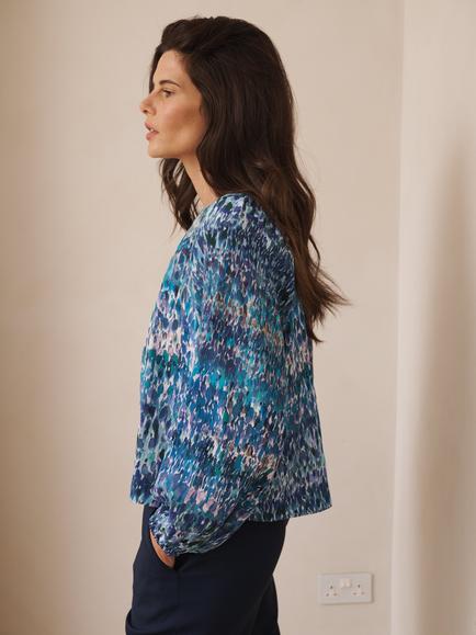 NRBY Angelica Watercolour Pure Silk Top, Denim/Multi - view 2, Denim/Multi