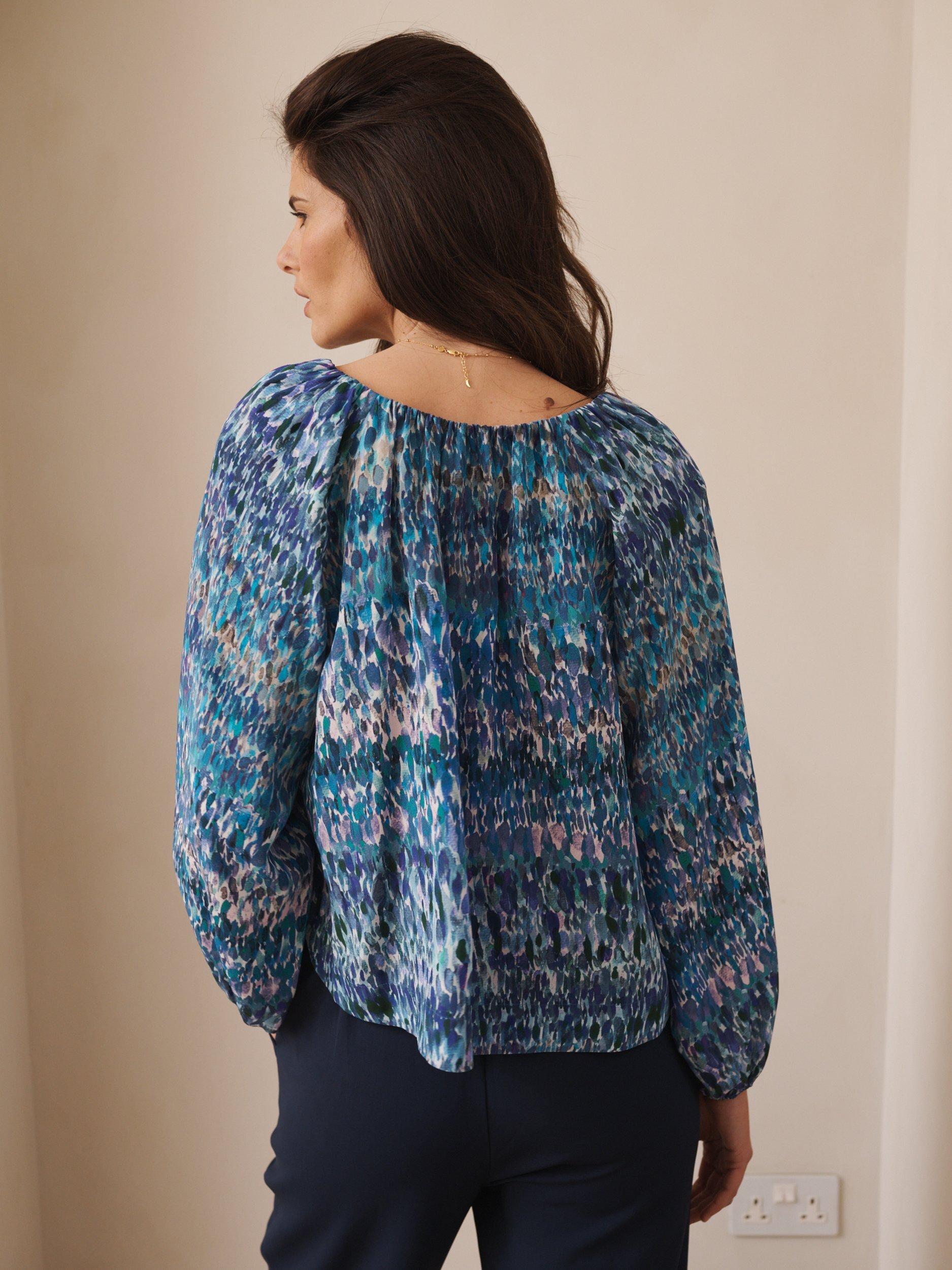 Product image 3 of 7, which shows NRBY Angelica Watercolour Pure Silk Top, Denim/Multi, XS