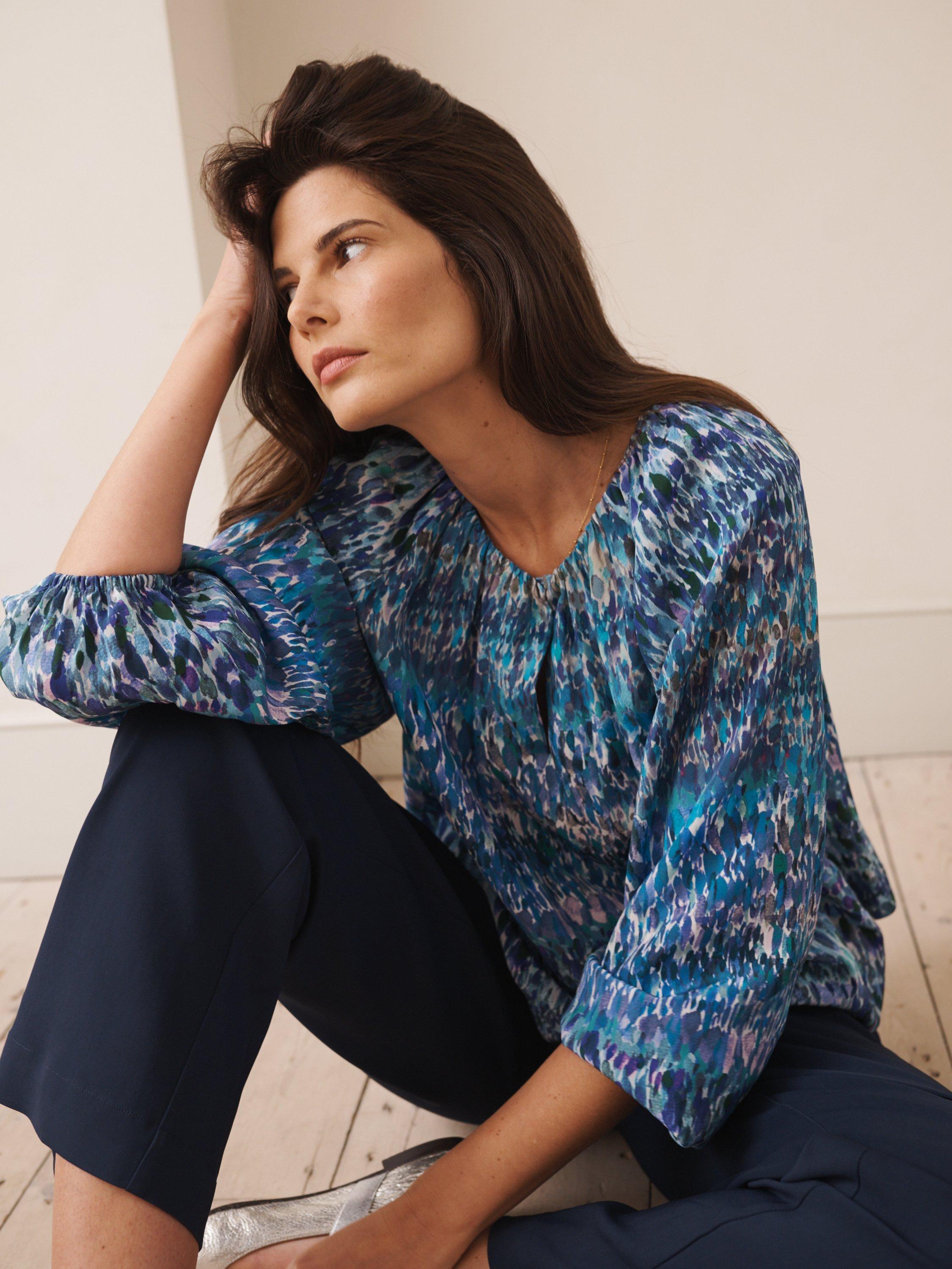 Product image 4 of 7, which shows NRBY Angelica Watercolour Pure Silk Top, Denim/Multi, XS