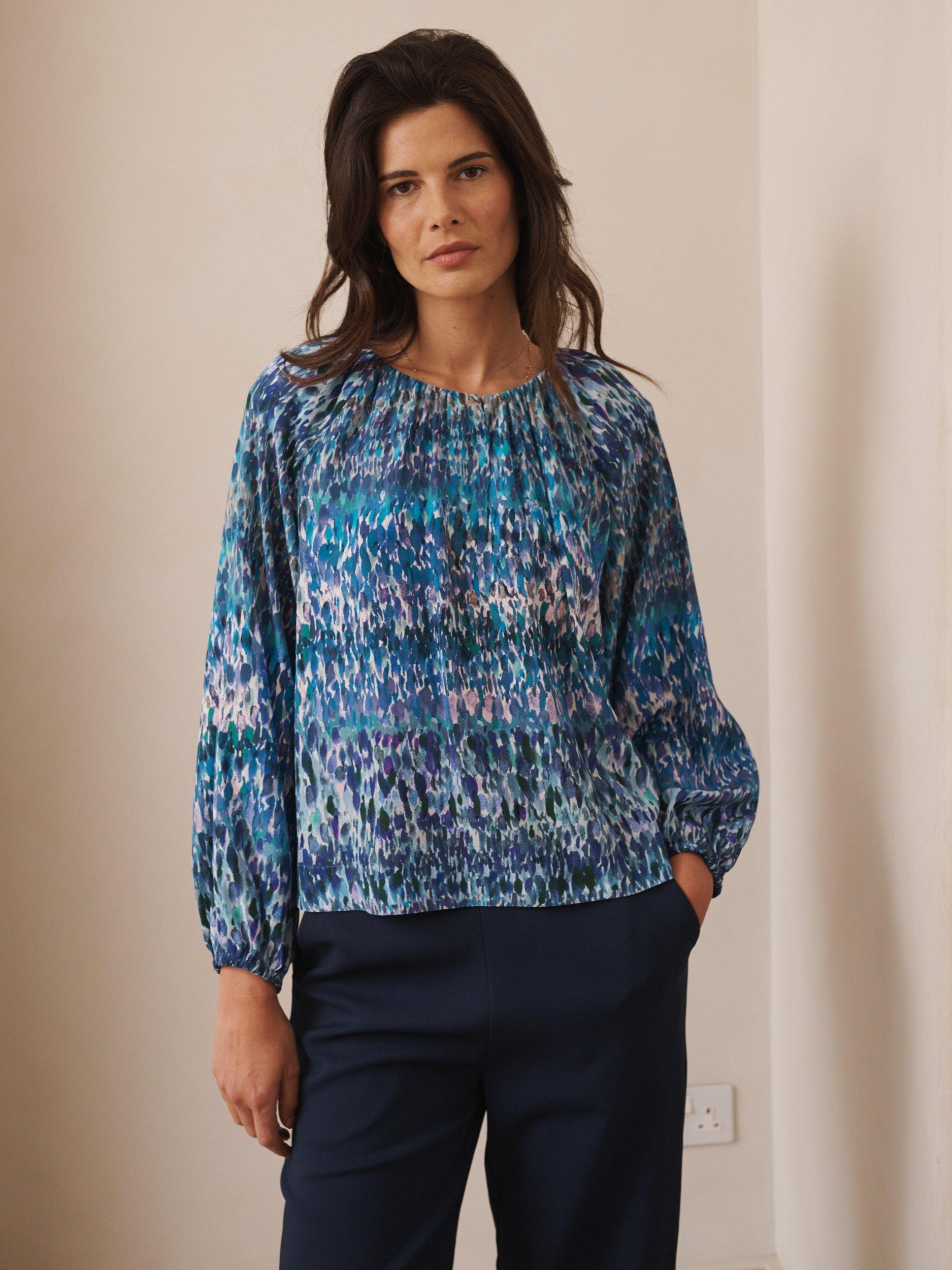 Product image 5 of 7, which shows NRBY Angelica Watercolour Pure Silk Top, Denim/Multi, XS