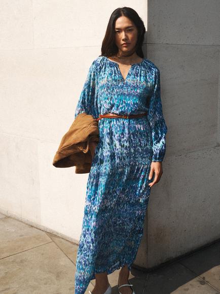 NRBY Carly Watercolour Pure Silk Dress, Denim/Multi, Denim/Multi
