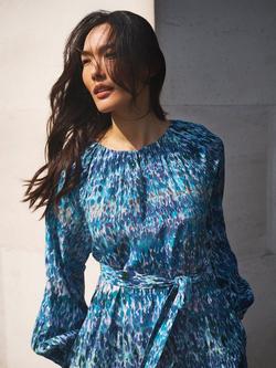 NRBY Carly Watercolour Pure Silk Dress, Denim/Multi - view 2, Denim/Multi