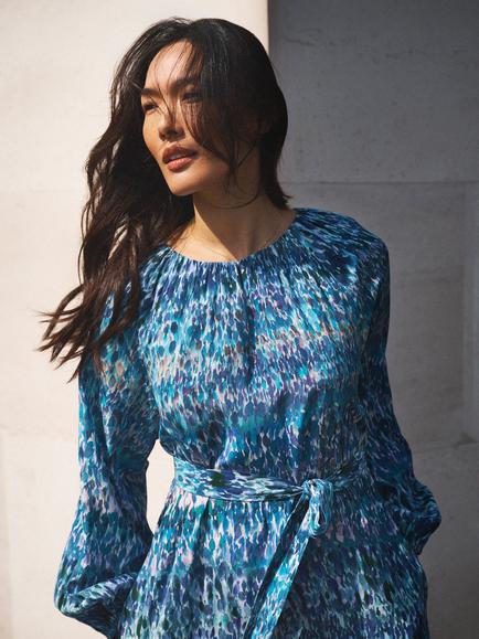 NRBY Carly Watercolour Pure Silk Dress, Denim/Multi - view 2, Denim/Multi