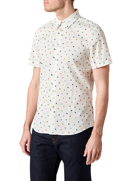 Paul Smith Short Sleeve Tailored Fit Spotted Cotton Shirt, White, White