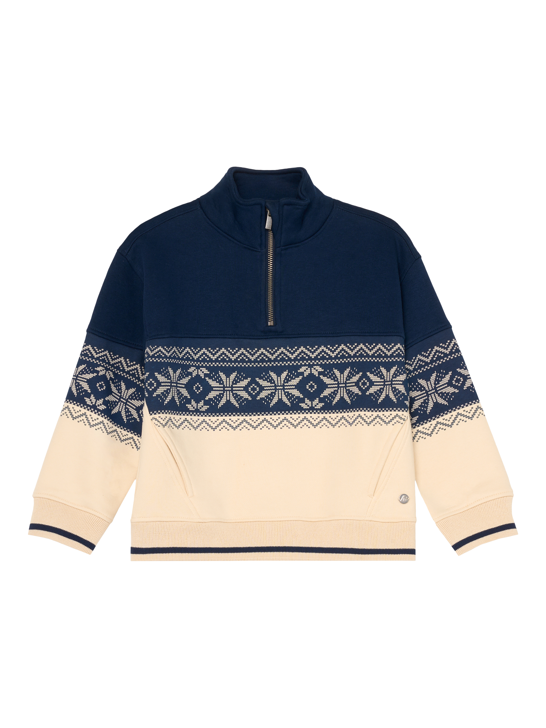 Product image 1 of 3, which shows Angel & Rocket Kids' Zip Neck Fair Isle Sweatshirt, Stone/Multi, 3-4 years