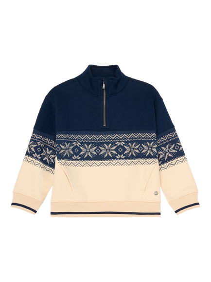 Angel & Rocket Kids' Zip Neck Fair Isle Sweatshirt, Stone/Multi, Stone/Multi