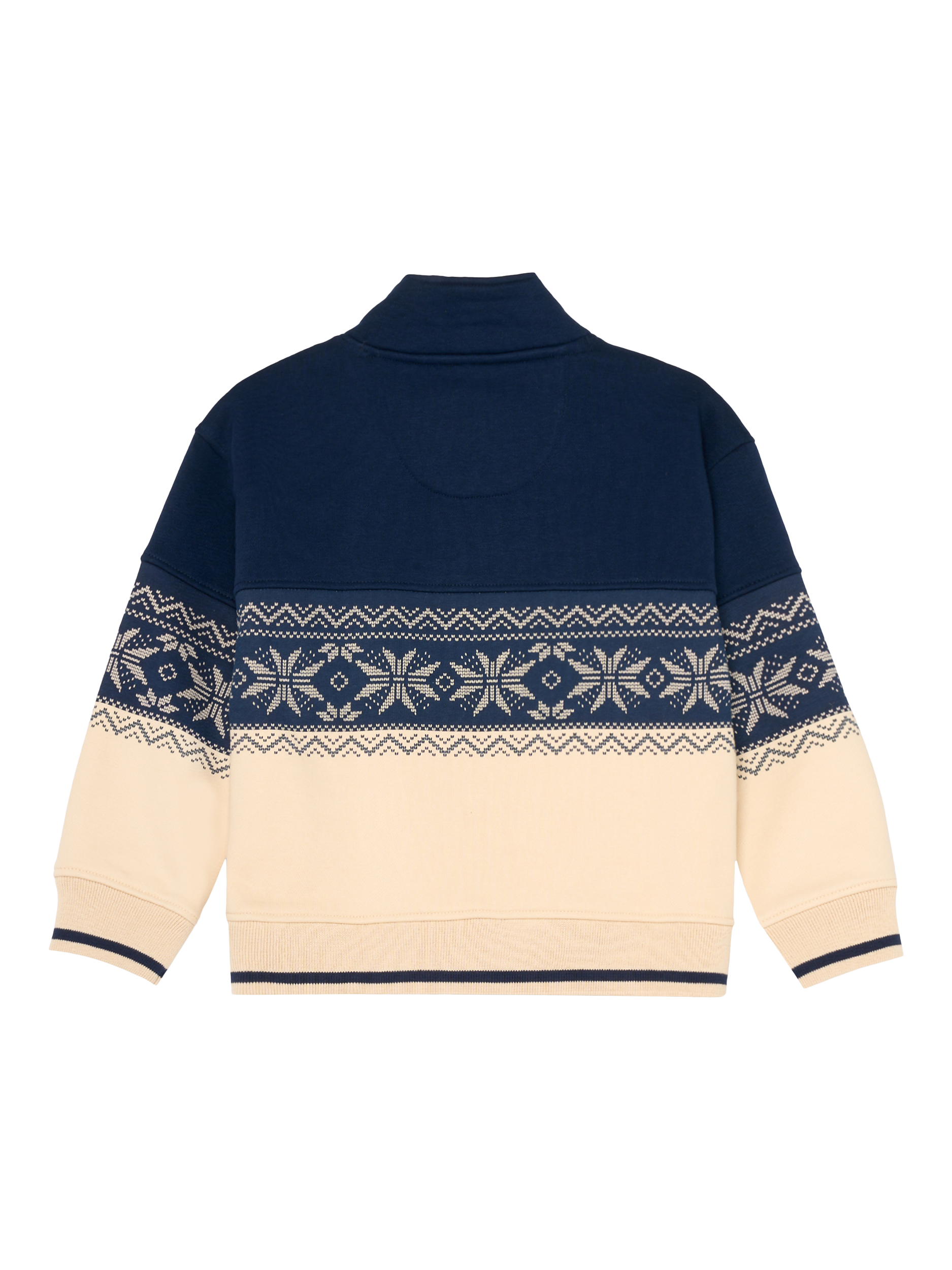 Product image 2 of 3, which shows Angel & Rocket Kids' Zip Neck Fair Isle Sweatshirt, Stone/Multi, 3-4 years
