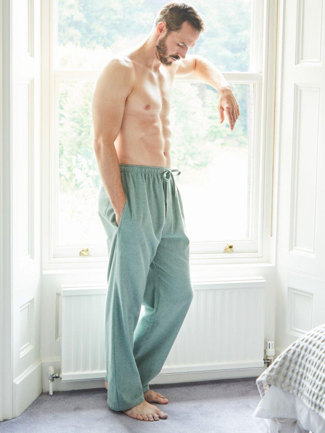 Product image 3 of 4, which shows British Boxers Herringbone Brushed Cotton Trousers, Moss, S