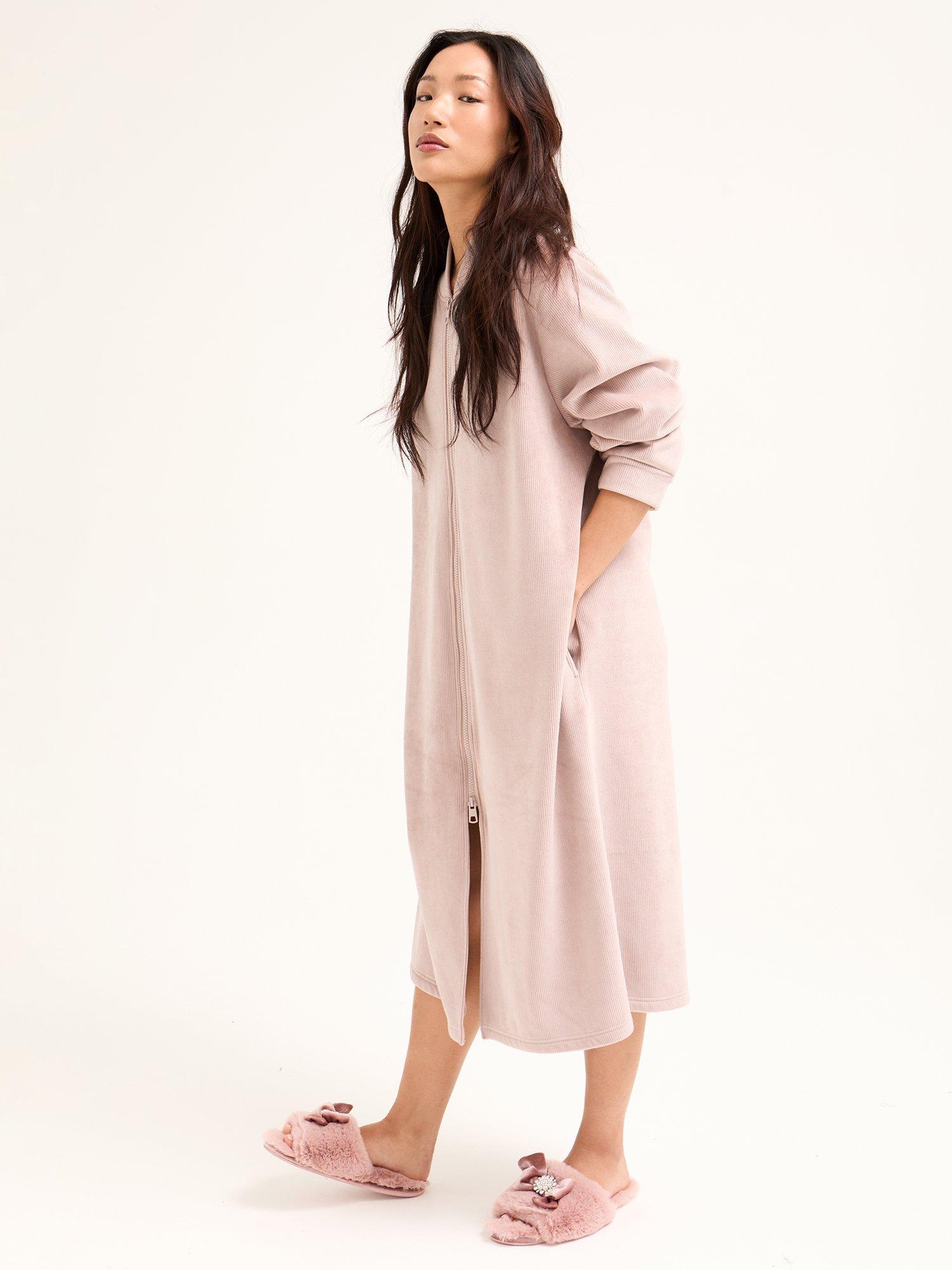 Pretty You London Ribbed Zip Front Dressing Gown, Mink