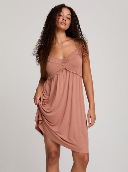 Pretty You London Lace Trim Bamboo Rich Chemise, Mocha, Mocha