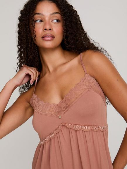 Pretty You London Lace Trim Bamboo Rich Chemise, Mocha - view 2, Mocha
