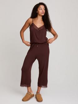 Pretty You London Lace Trim Bamboo Rich Cami Cropped Pyjama Set, Chocolate, Chocolate