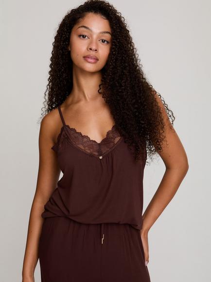 Pretty You London Lace Trim Bamboo Rich Cami Cropped Pyjama Set, Chocolate - view 2, Chocolate