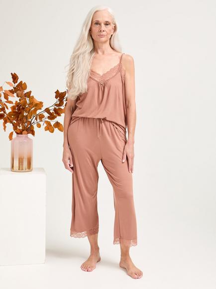 Pretty You London Lace Trim Bamboo Rich Cami Cropped Pyjama Set, Mocha, Mocha