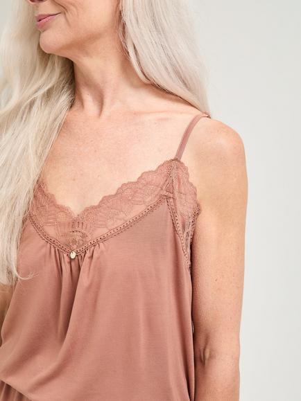 Pretty You London Lace Trim Bamboo Rich Cami Cropped Pyjama Set, Mocha - view 2, Mocha